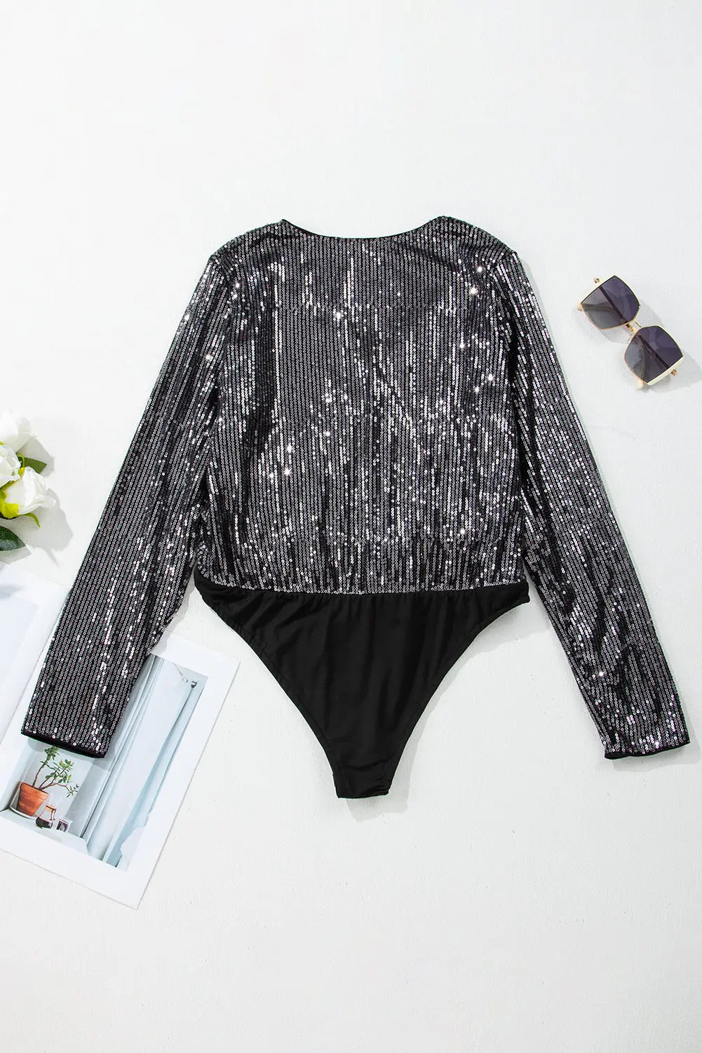 Black Sequin Mesh Long Sleeve Surplice Neck Bodysuit - eAura