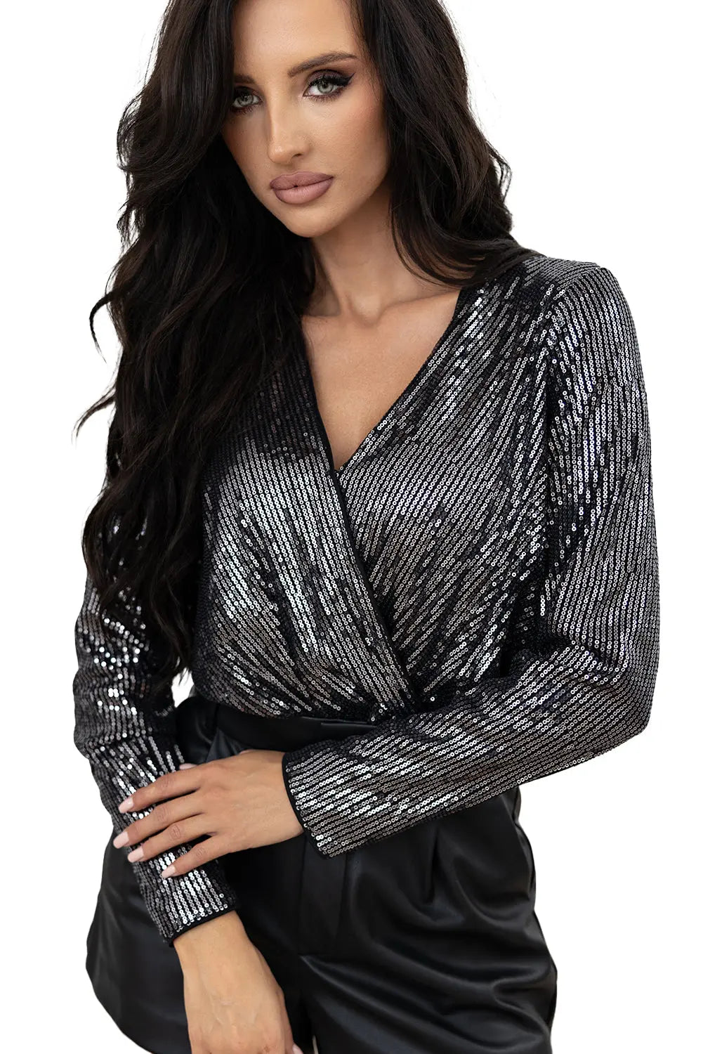 Black Sequin Mesh Long Sleeve Surplice Neck Bodysuit - eAura
