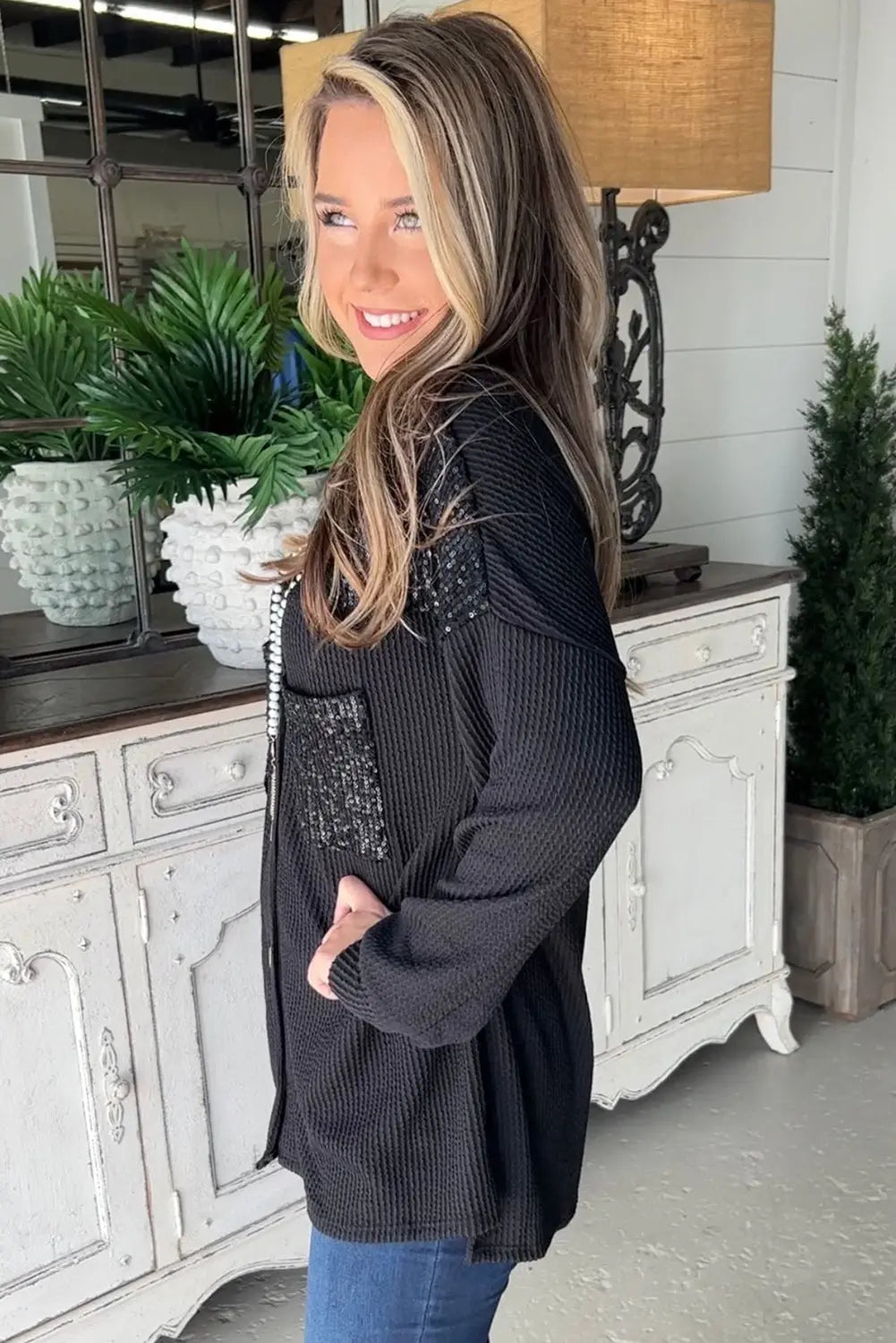 Black Sequin Patch Chest Pocket Corduroy Shacket - eAura