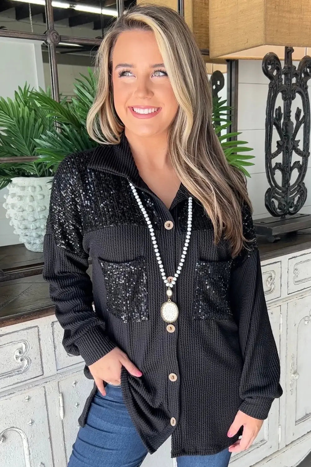 Black Sequin Patch Chest Pocket Corduroy Shacket - eAura