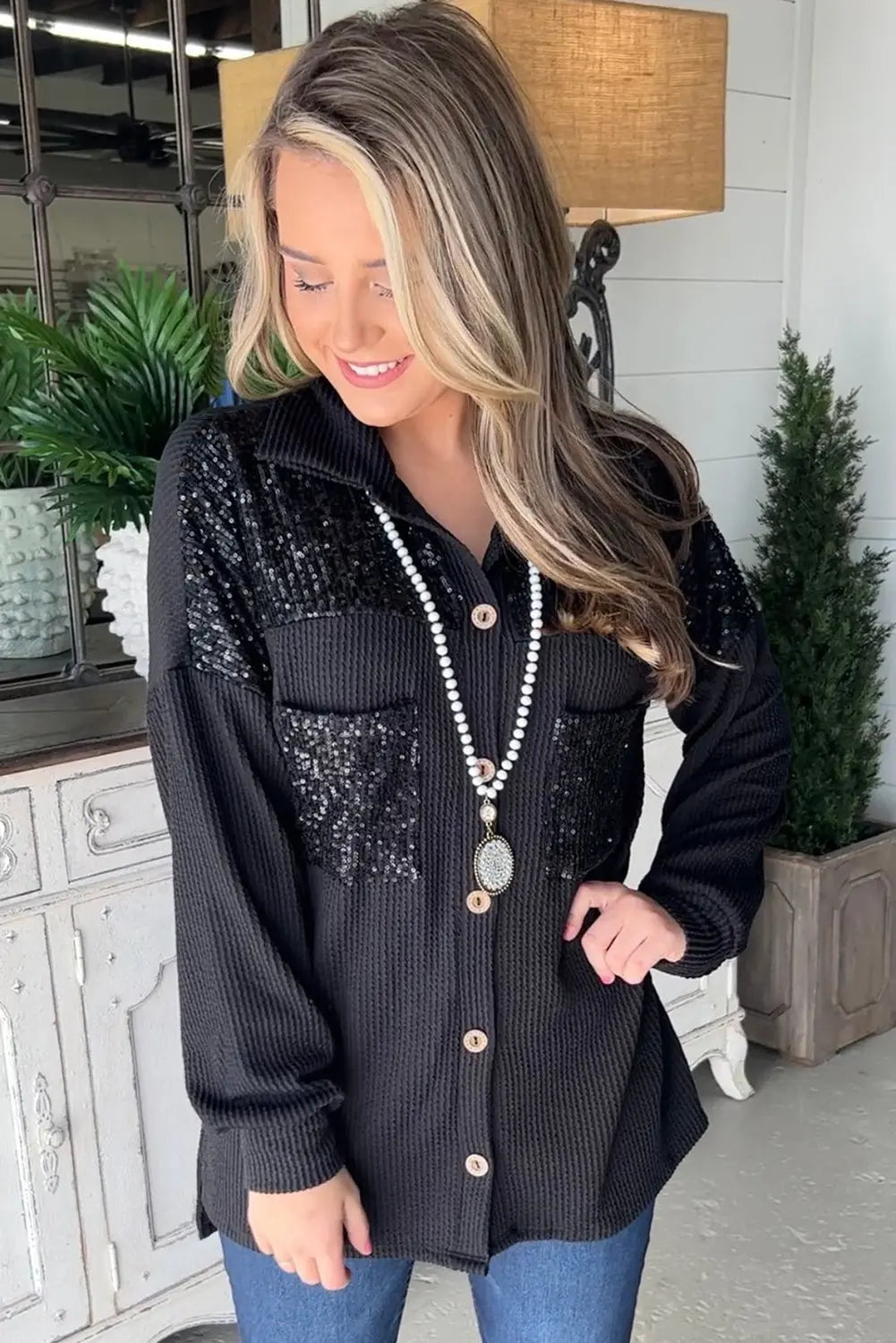 Black Sequin Patch Chest Pocket Corduroy Shacket - eAura