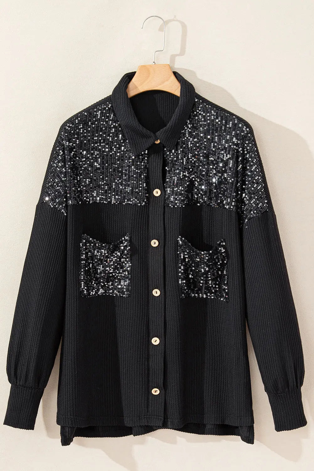 Black Sequin Patch Chest Pocket Corduroy Shacket - eAura