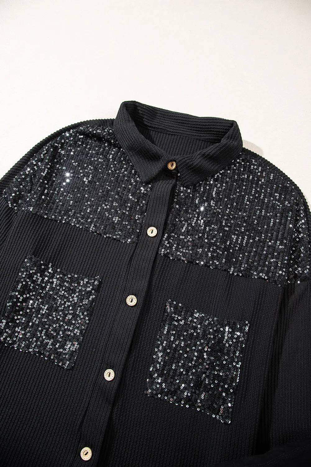 Black Sequin Patch Chest Pocket Corduroy Shacket - eAura