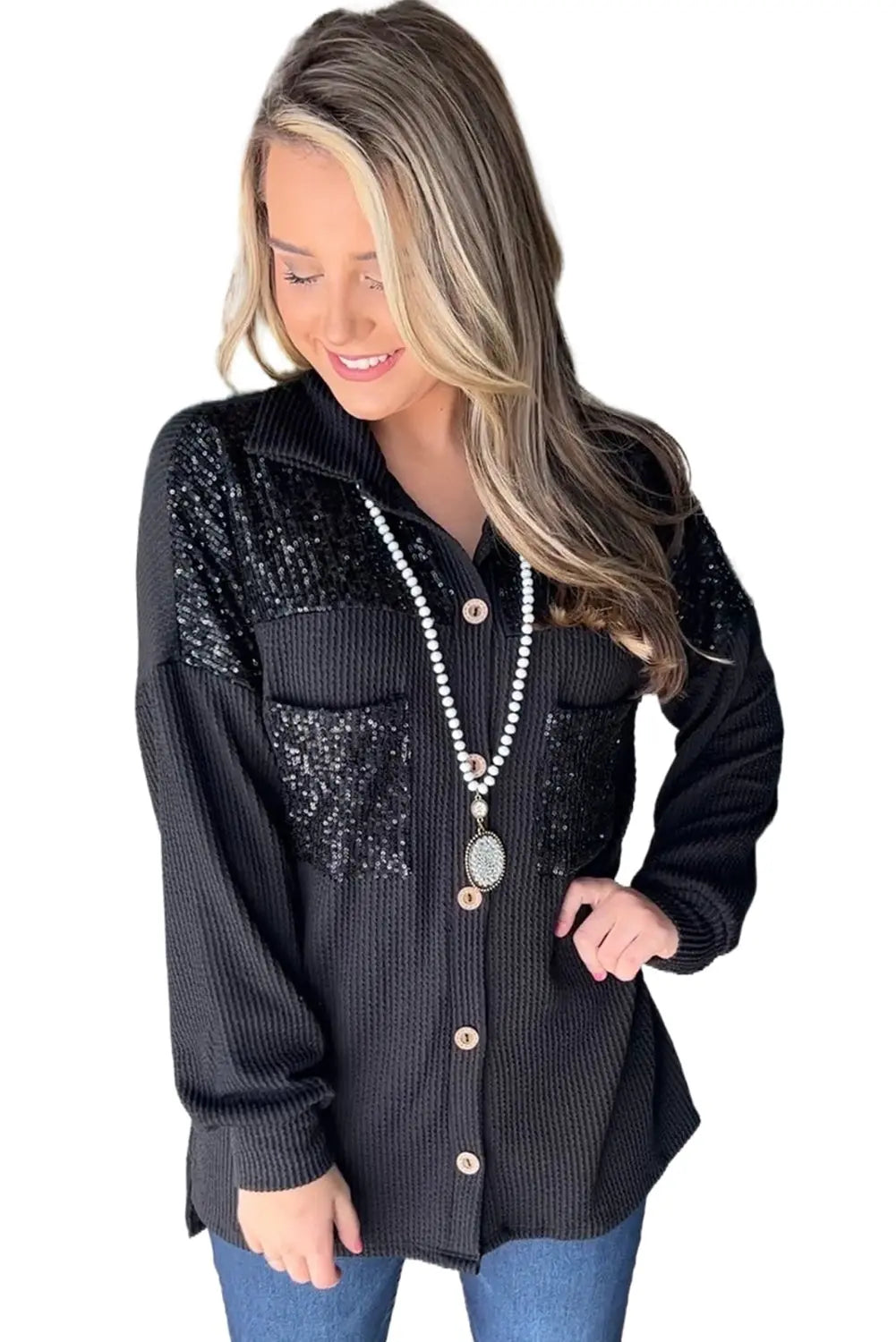 Black Sequin Patch Chest Pocket Corduroy Shacket - eAura