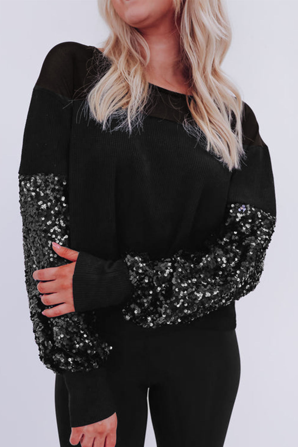 Black Sequin Patchwork Lantern Sleeve Blouse - eAura