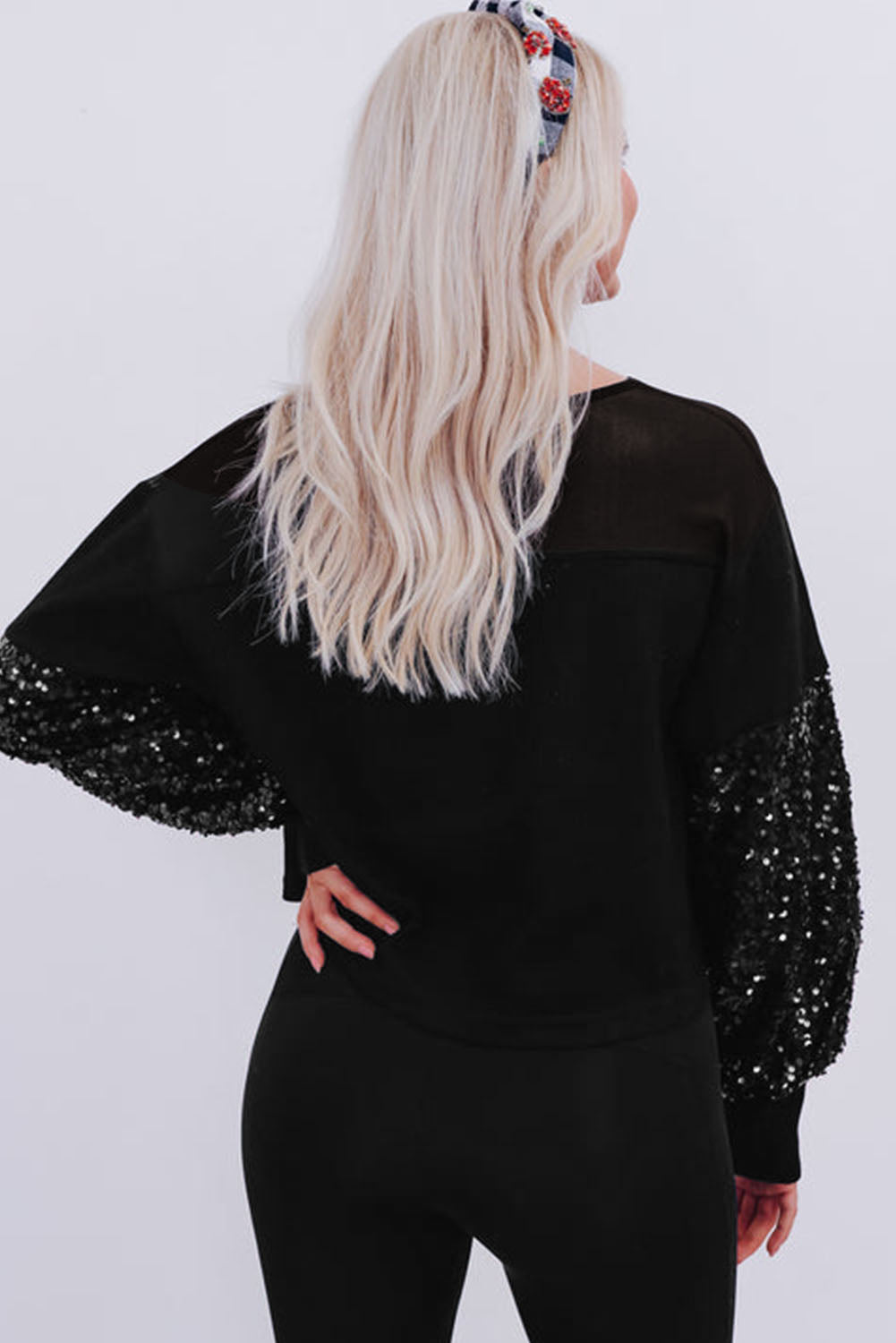 Black Sequin Patchwork Lantern Sleeve Blouse - eAura