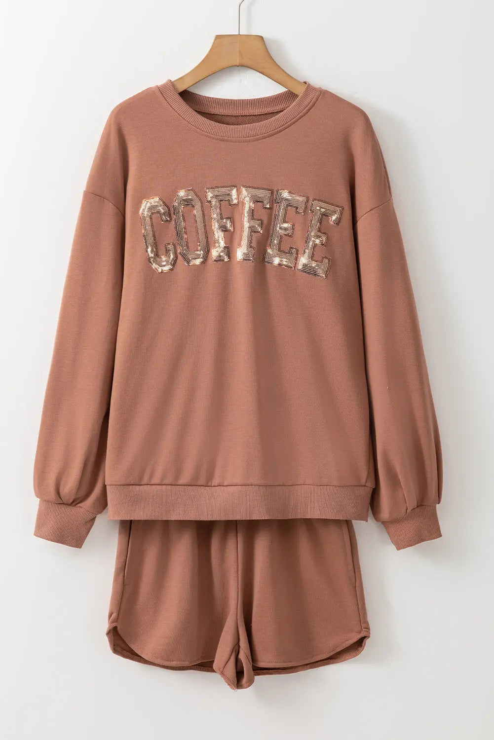 Black Sequined COFFEE Loose Fit Sweatshirt and Shorts Set Beagle Boutique Fashion Outlet