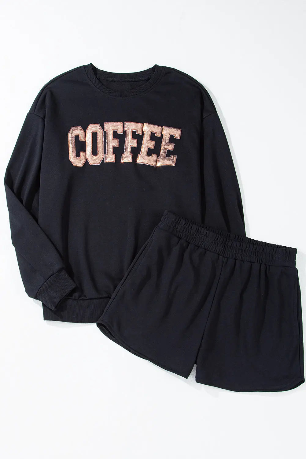 Black Sequined COFFEE Loose Fit Sweatshirt and Shorts Set Beagle Boutique Fashion Outlet