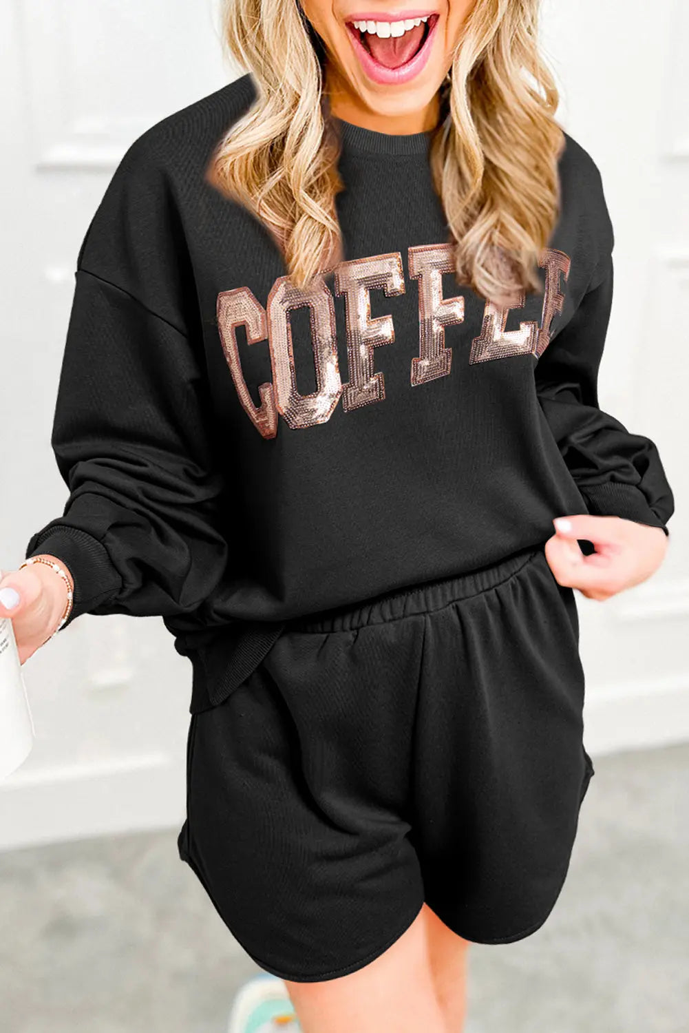 Black Sequined COFFEE Loose Fit Sweatshirt and Shorts Set Beagle Boutique Fashion Outlet
