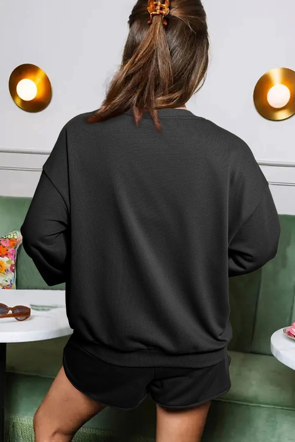 Black Sequined COFFEE Loose Fit Sweatshirt and Shorts Set Beagle Boutique Fashion Outlet