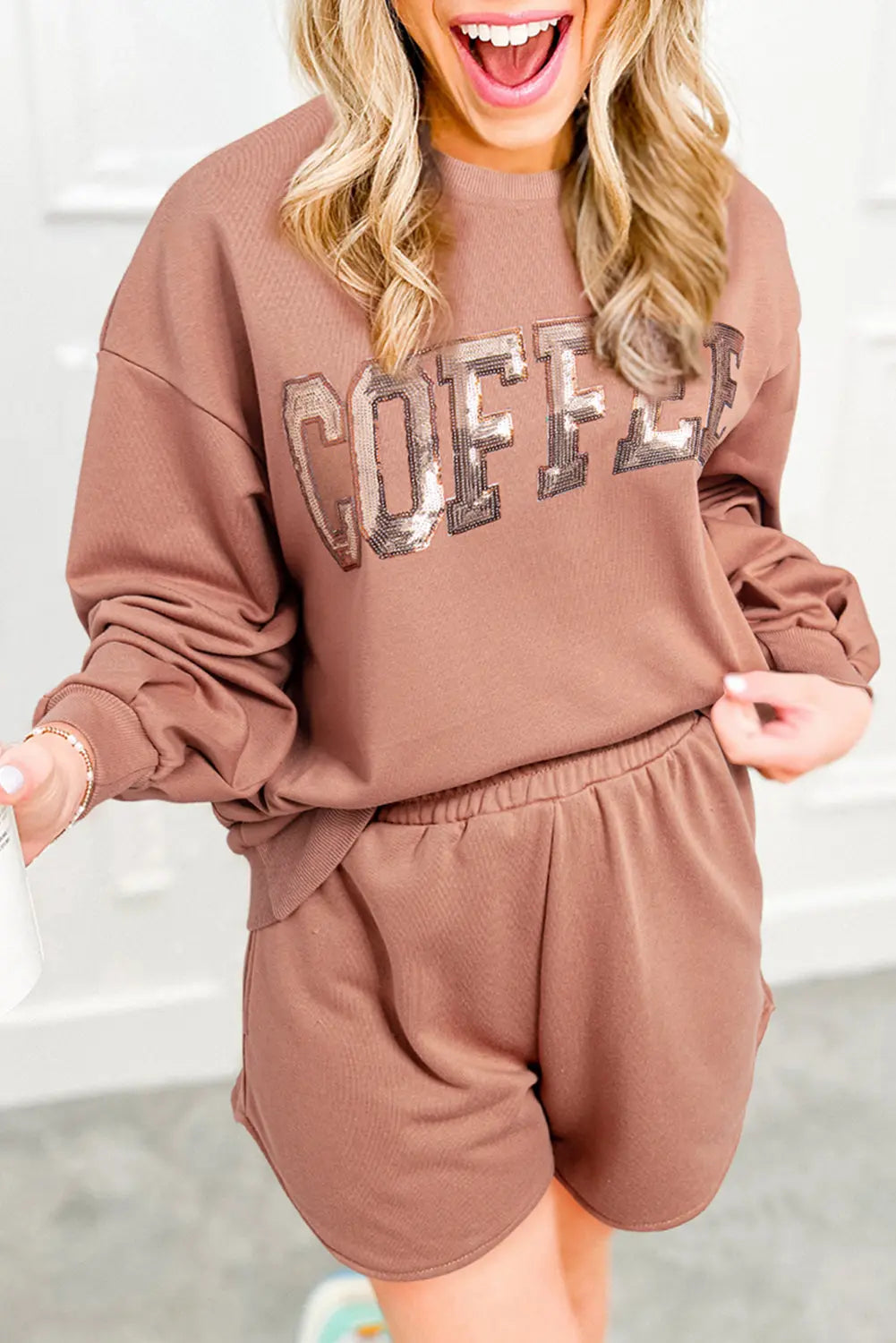 Black Sequined COFFEE Loose Fit Sweatshirt and Shorts Set Beagle Boutique Fashion Outlet