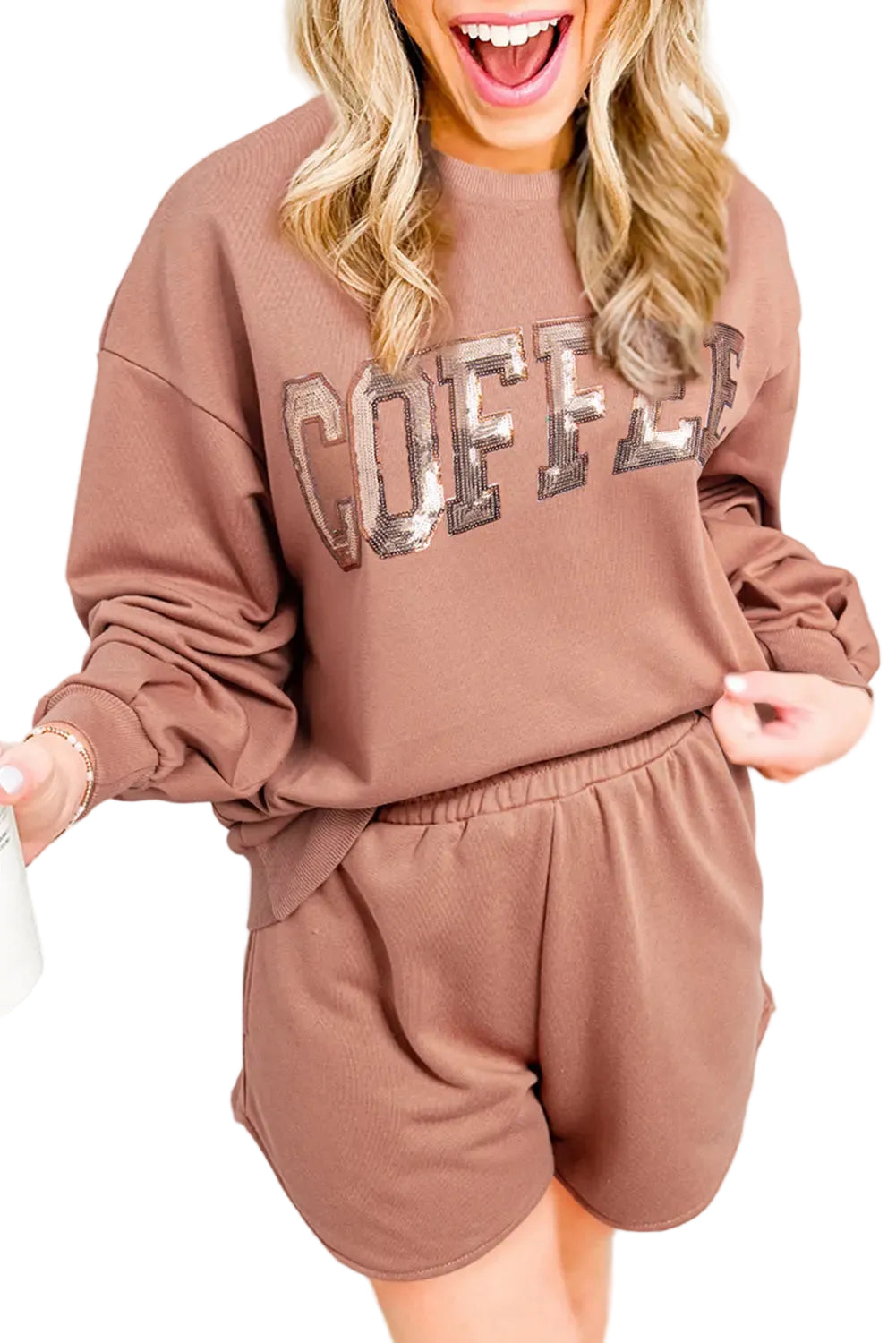 Black Sequined COFFEE Loose Fit Sweatshirt and Shorts Set - Two Piece Sets/Short Sets