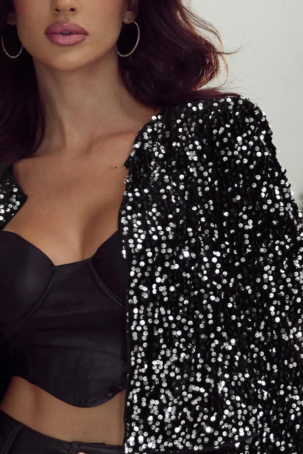 Black Sequined Open Front Cropped Jacket Beagle Boutique Fashion Outlet