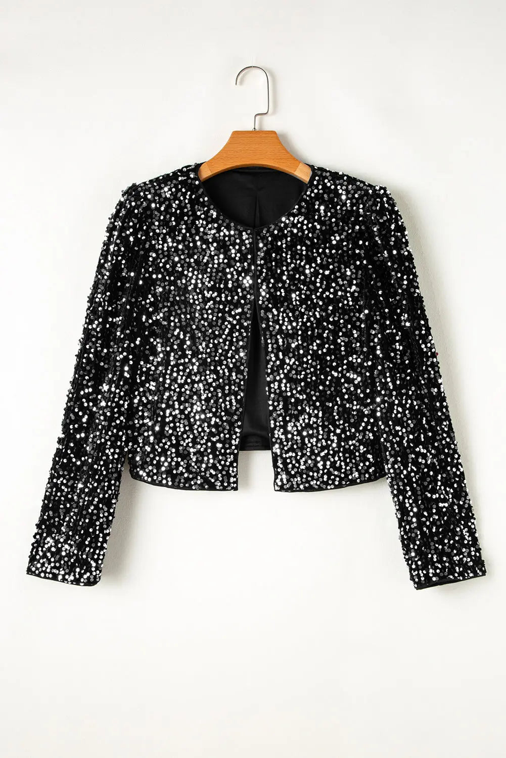 Black Sequined Open Front Cropped Jacket Beagle Boutique Fashion Outlet