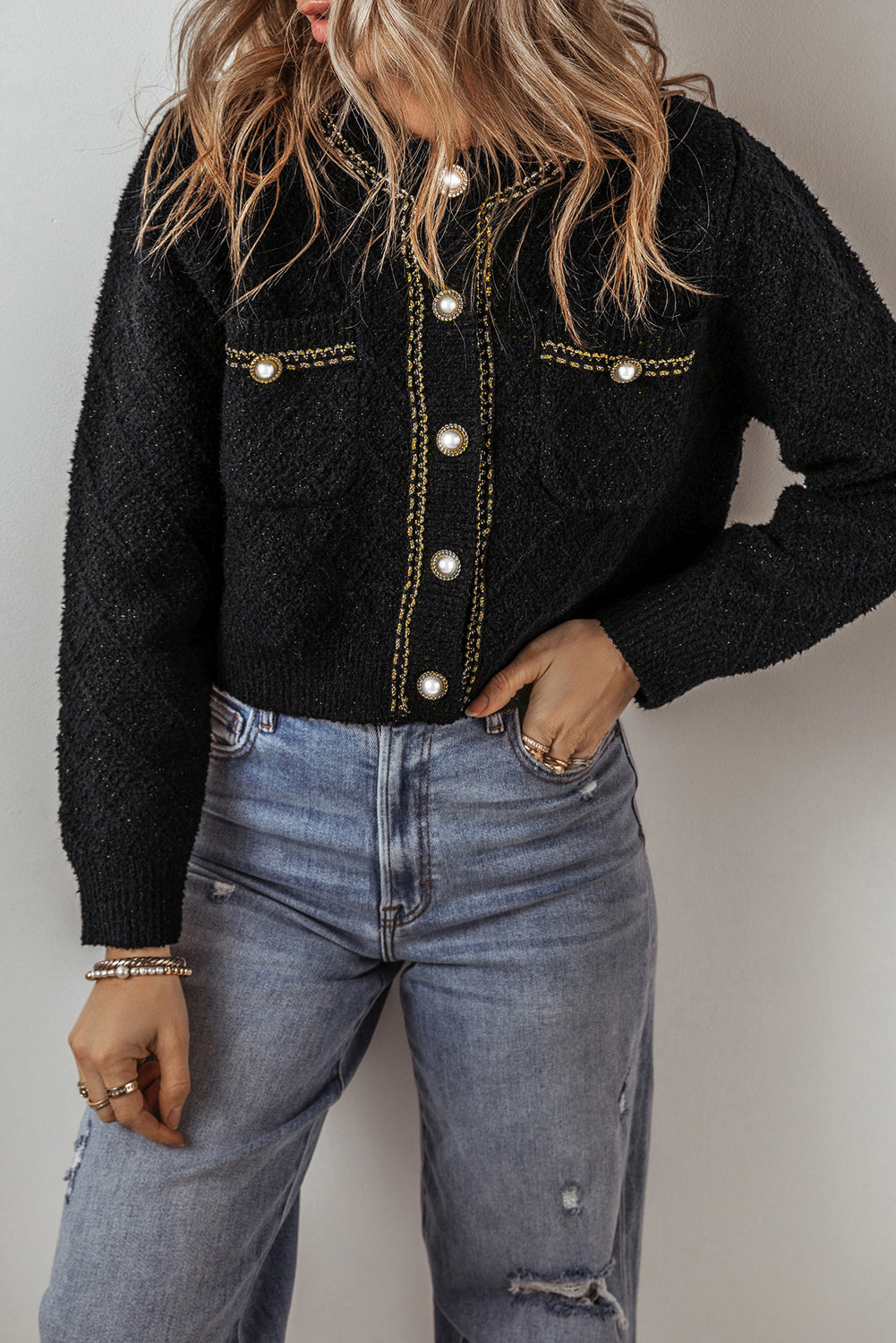 Black Shimmer Flap Pocket Button up Cardigan - eAura
