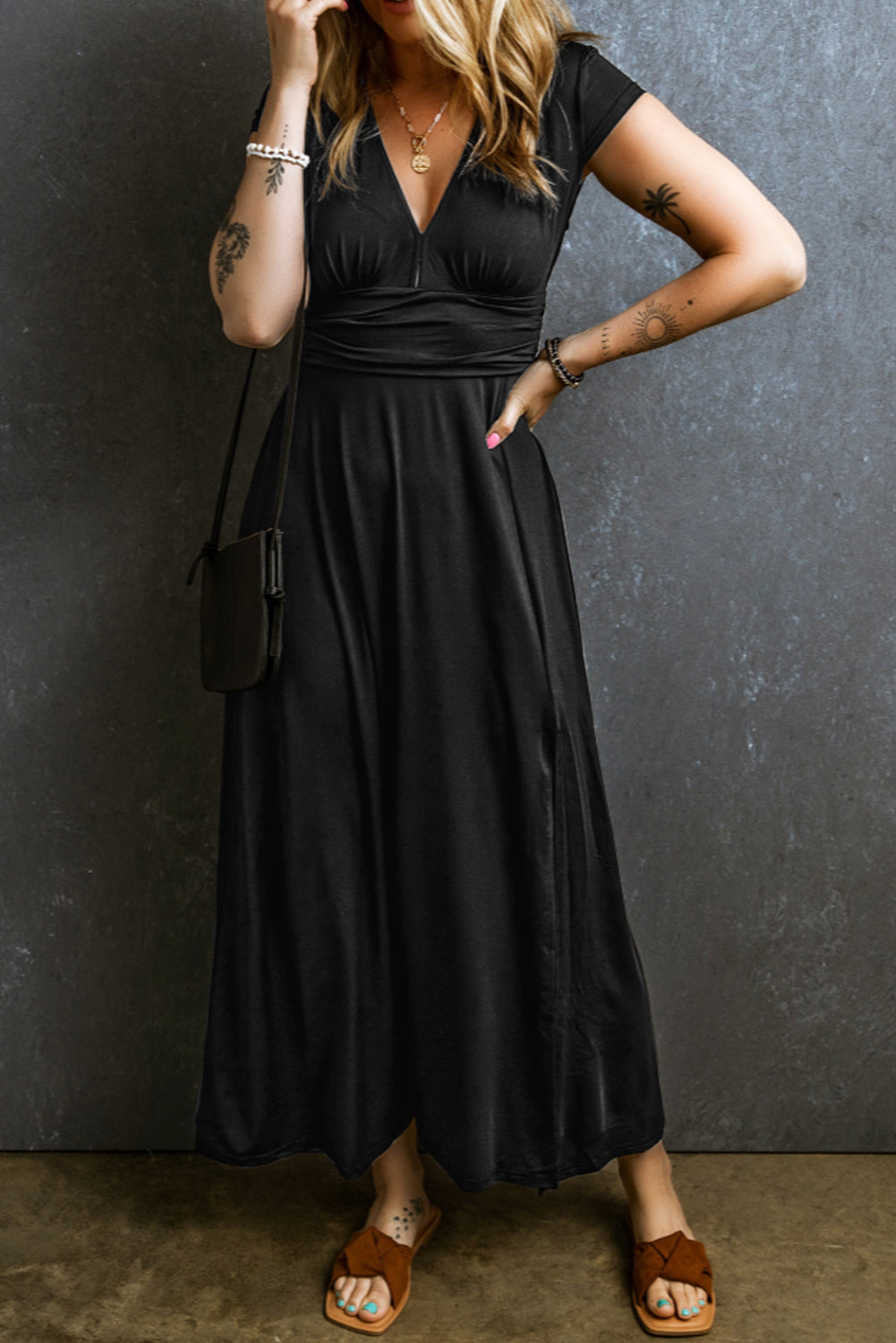 Black Short Sleeve Shirred High Waist V Neck Maxi Dress - BLACK / S / 65% POLYESTER + 30% VISCOSE + 5% ELASTANE