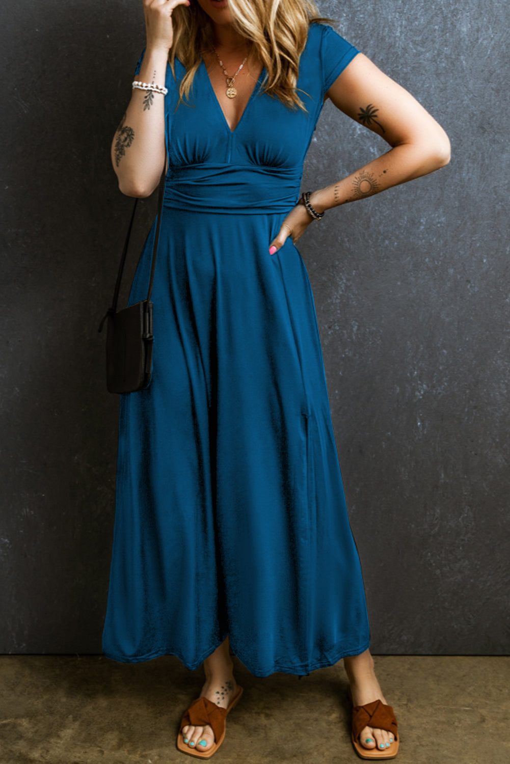 Black Short Sleeve Shirred High Waist V Neck Maxi Dress - PEACOCK BLUE / S / 65% POLYESTER + 30% VISCOSE + 5% ELASTANE