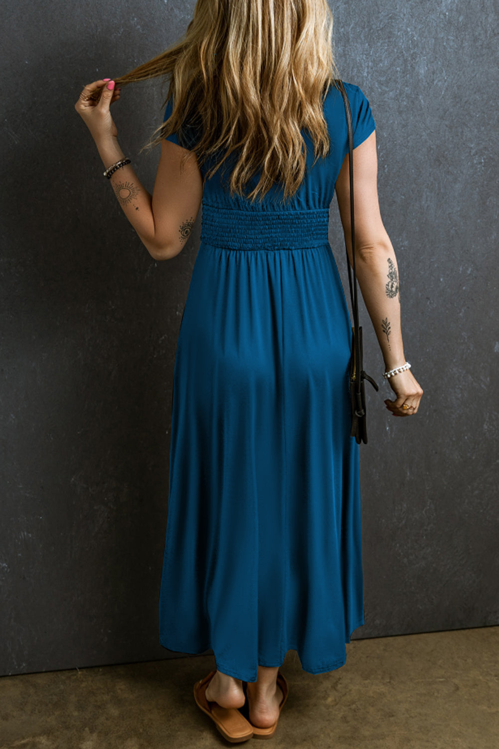 Black Short Sleeve Shirred High Waist V Neck Maxi Dress - Dresses/Maxi Dresses