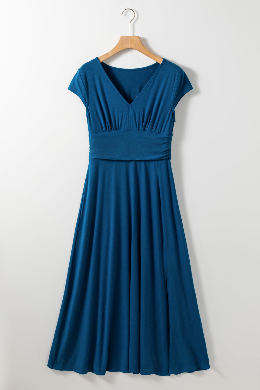 Black Short Sleeve Shirred High Waist V Neck Maxi Dress - Dresses/Maxi Dresses