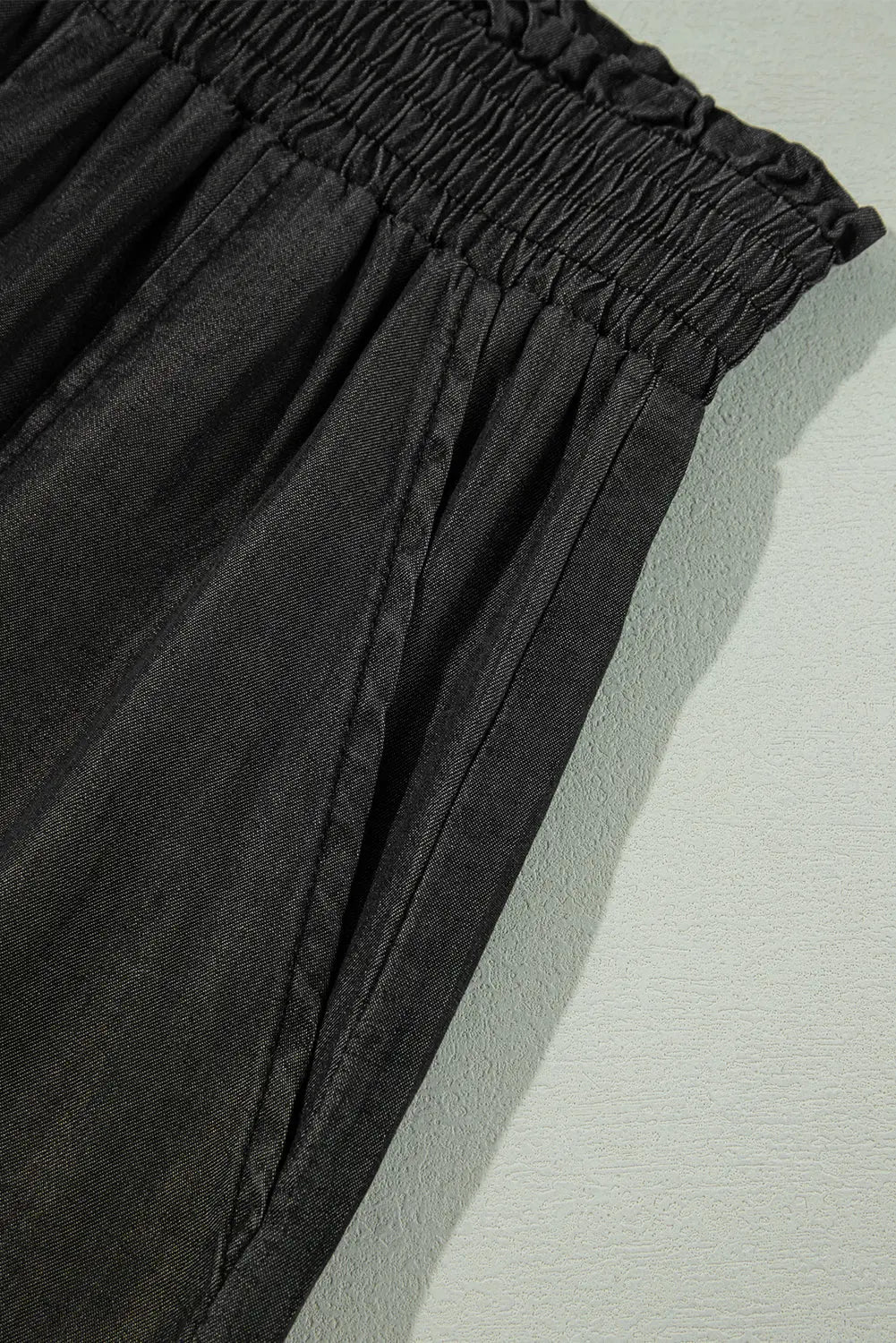 Black Side Pockets Frilled Smocked High Waist Wide Leg Jeans - eAura