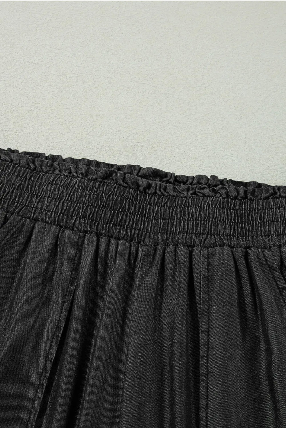 Black Side Pockets Frilled Smocked High Waist Wide Leg Jeans - eAura