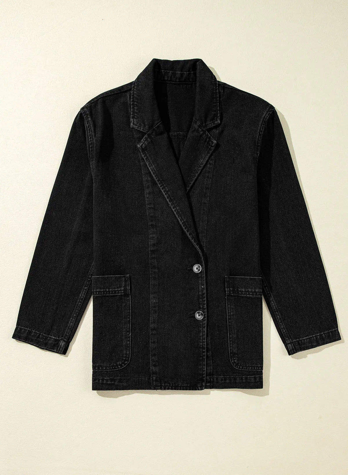 Black Side Pockets Lapel Collar Denim Jacket - eAura