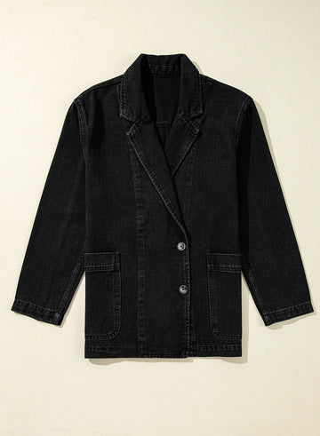Black Side Pockets Lapel Collar Denim Jacket - Outerwear/Denim jackets