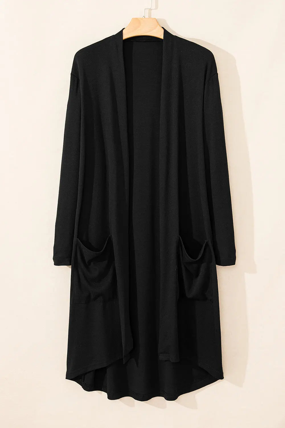 Black Solid Color Open Front Cardigan with Pocket - eAura