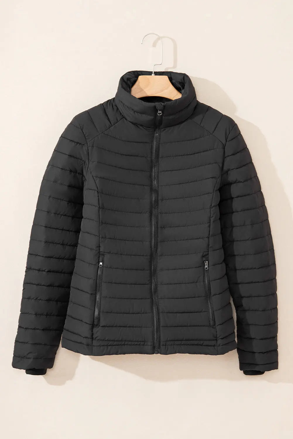 Black Solid Colour Quilted Zip-up Puffer Jacket - BB Fashion Outlet