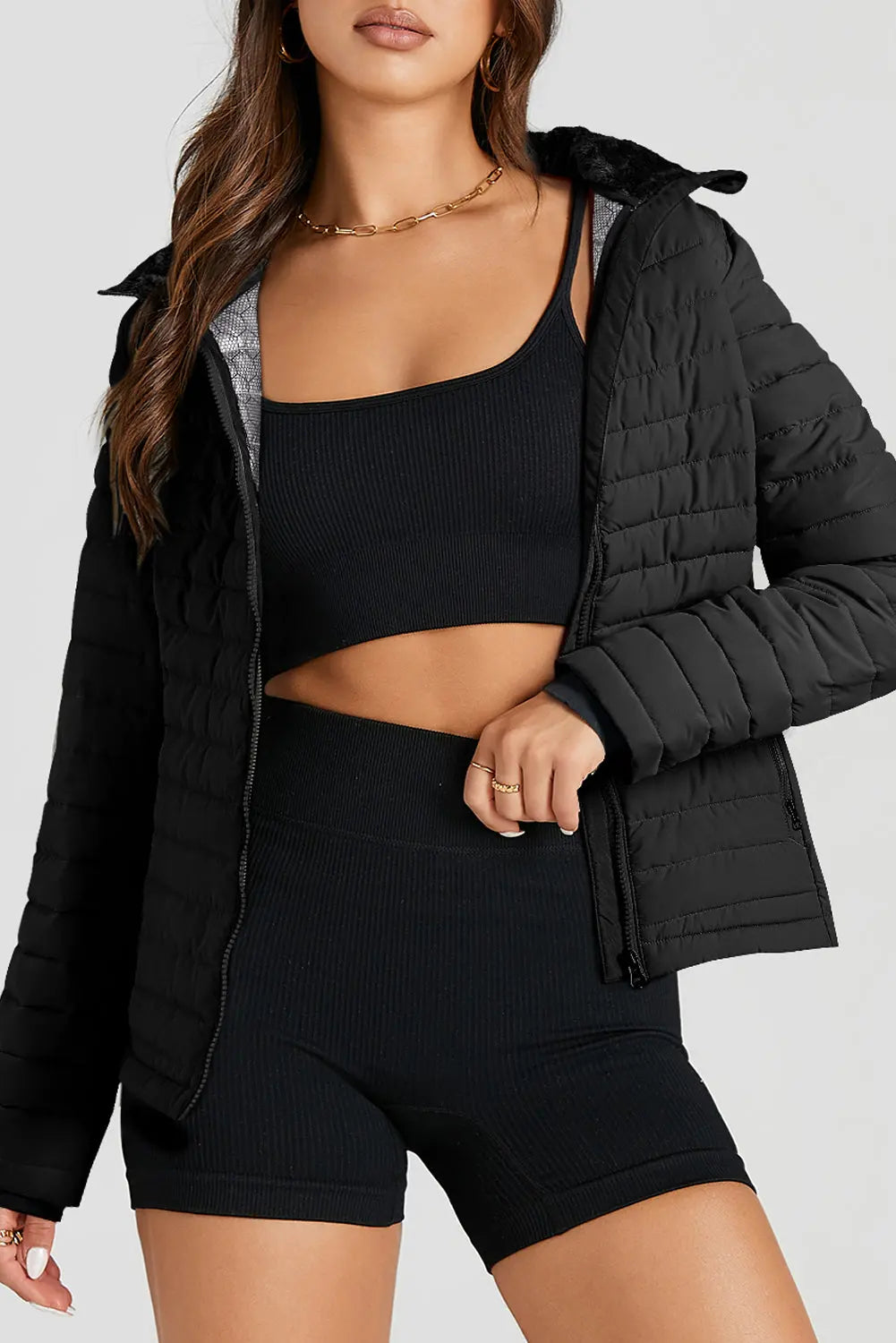 Black Solid Color Quilted Zip-up Puffer Jacket Beagle Boutique Fashion Outlet