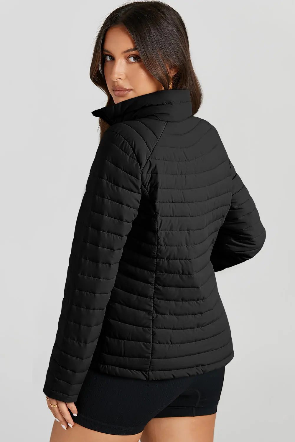 Black Solid Color Quilted Zip-up Puffer Jacket Beagle Boutique Fashion Outlet