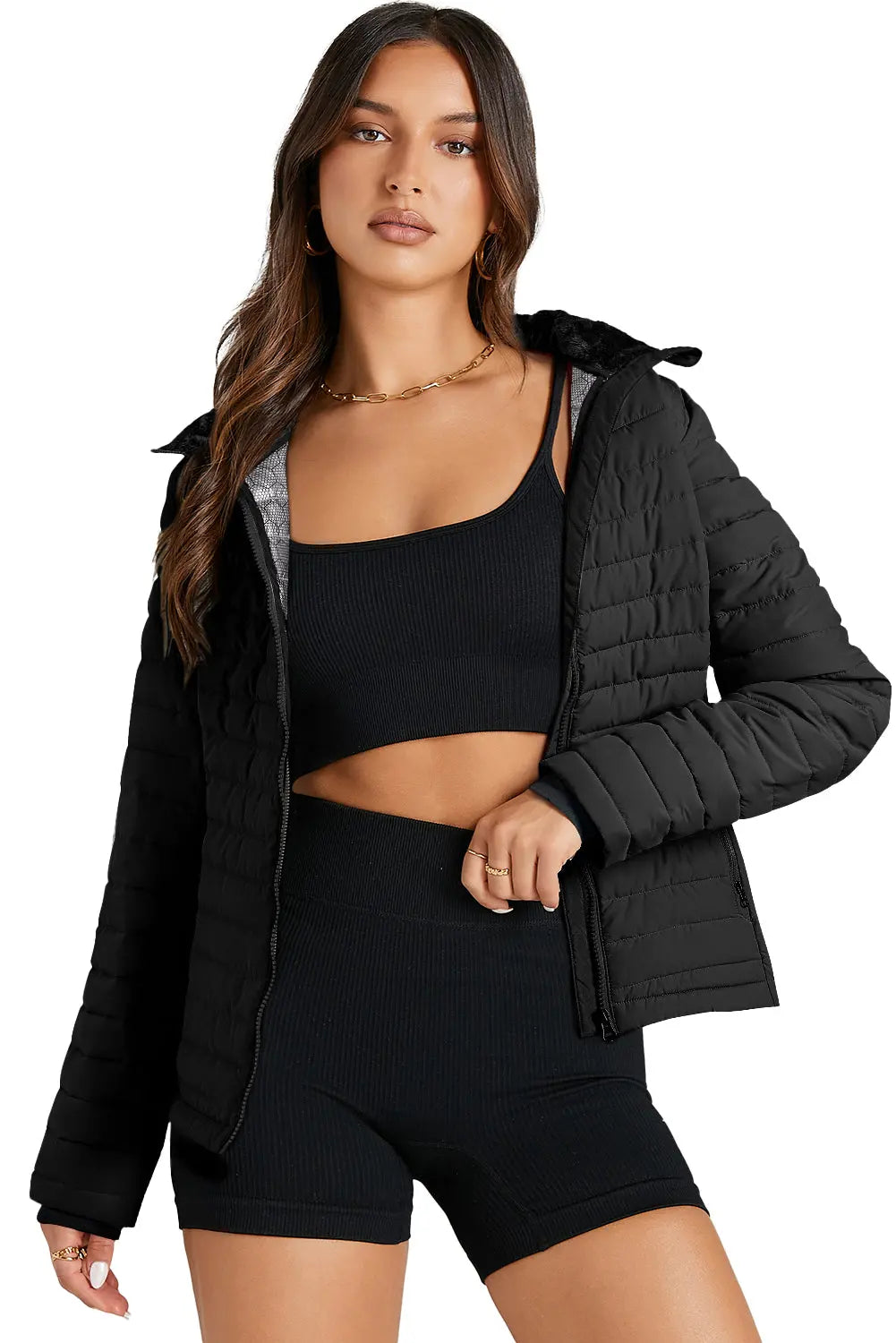 Black Solid Color Quilted Zip-up Puffer Jacket Beagle Boutique Fashion Outlet