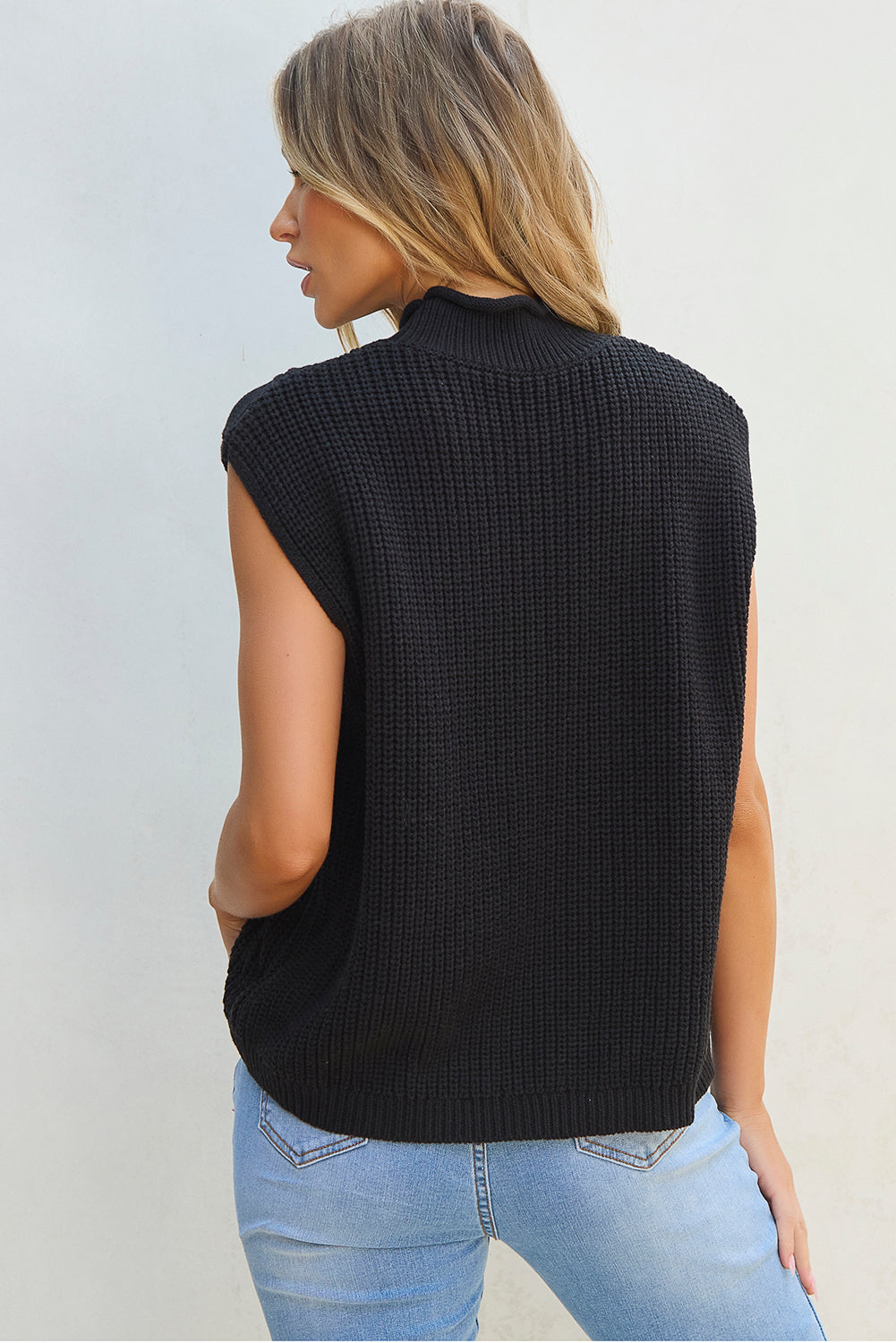 Black Solid Colour Cable Knit High Neck Sweater Vest - Sweaters & Cardigans/Short Sleeve