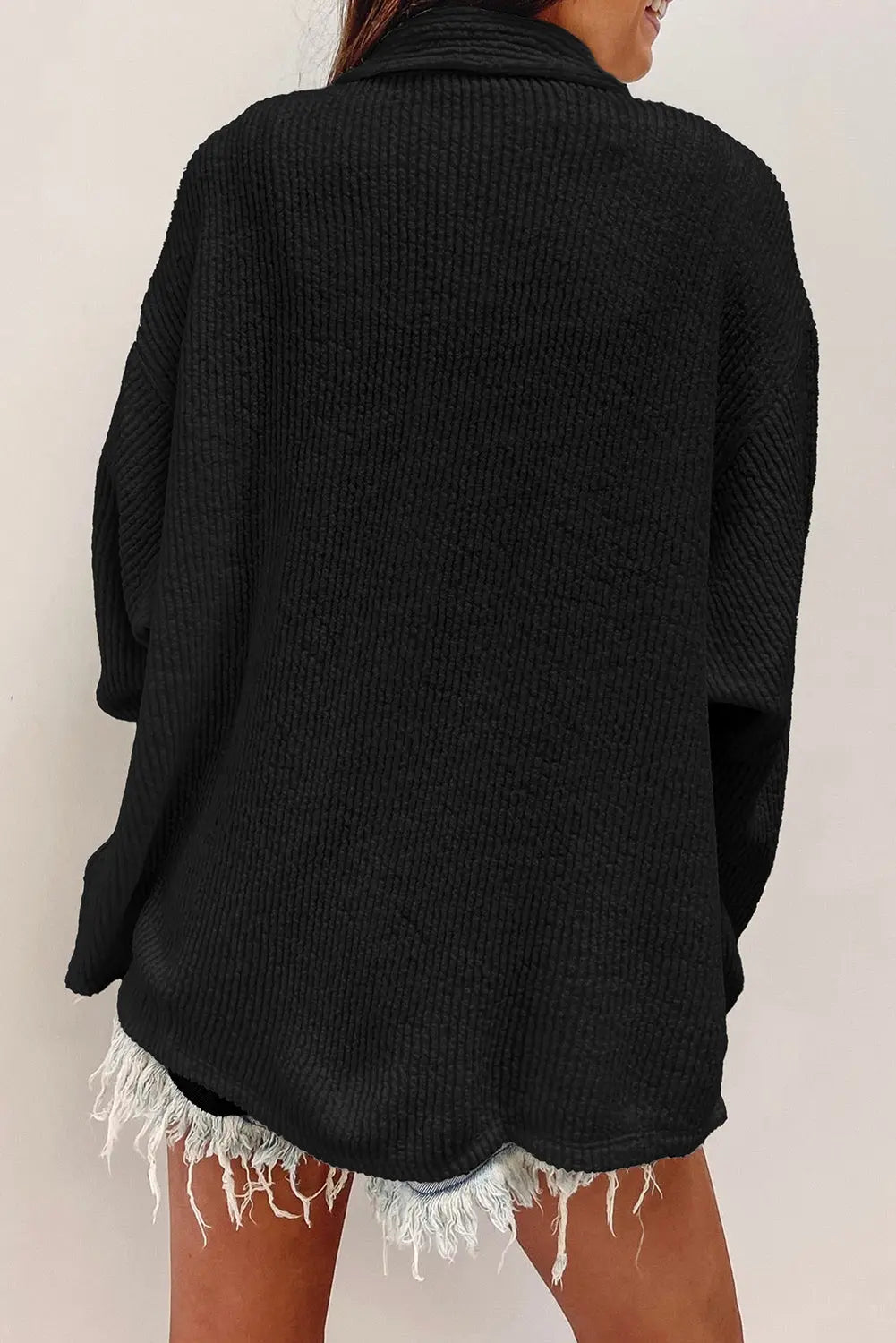 Black Solid Colour Corduroy Buttoned Long Sleeve Shacket Beagle Boutique Fashion Outlet