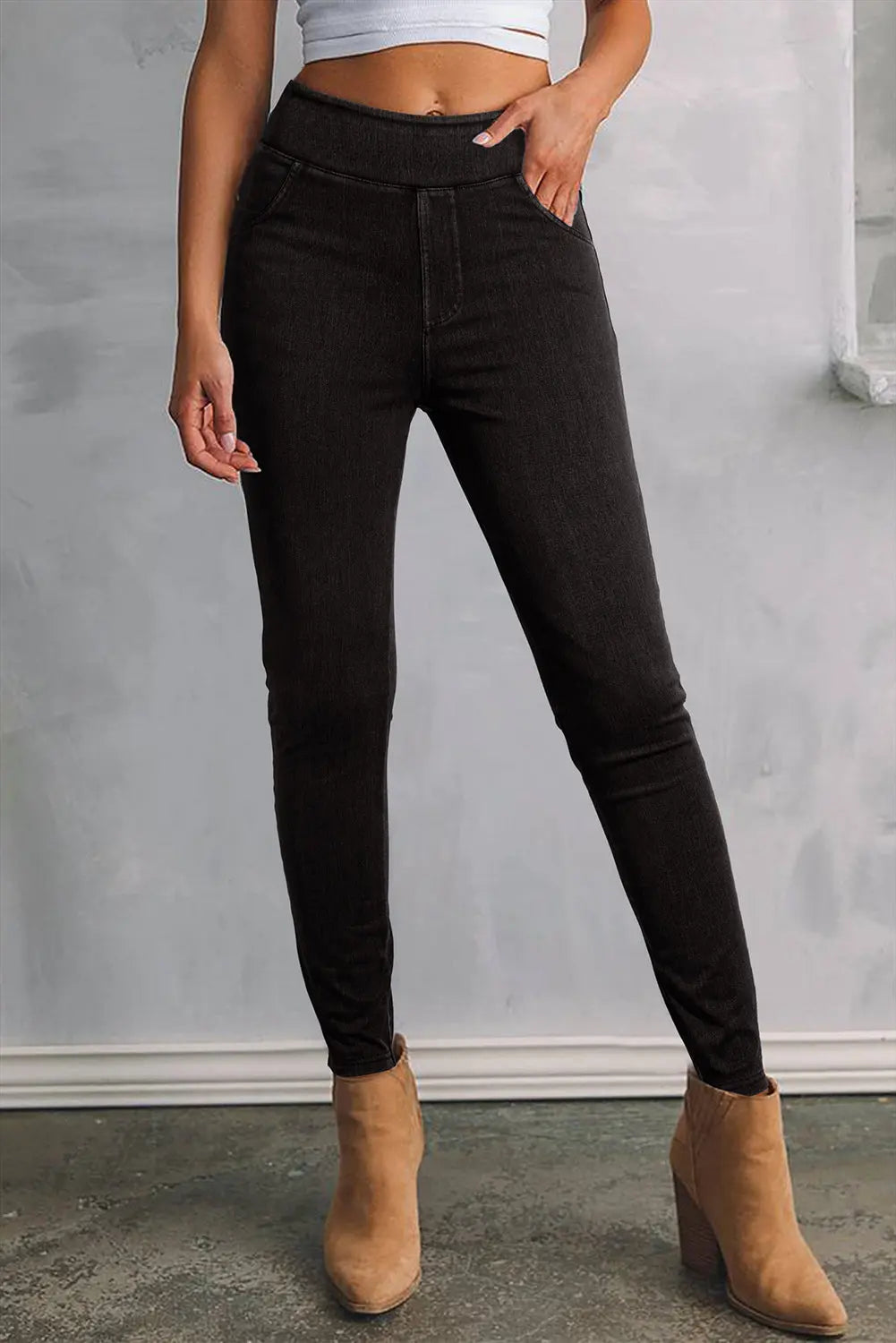 Black Solid Colour High Waist Stretchy Slim Fit Jeggings eAura