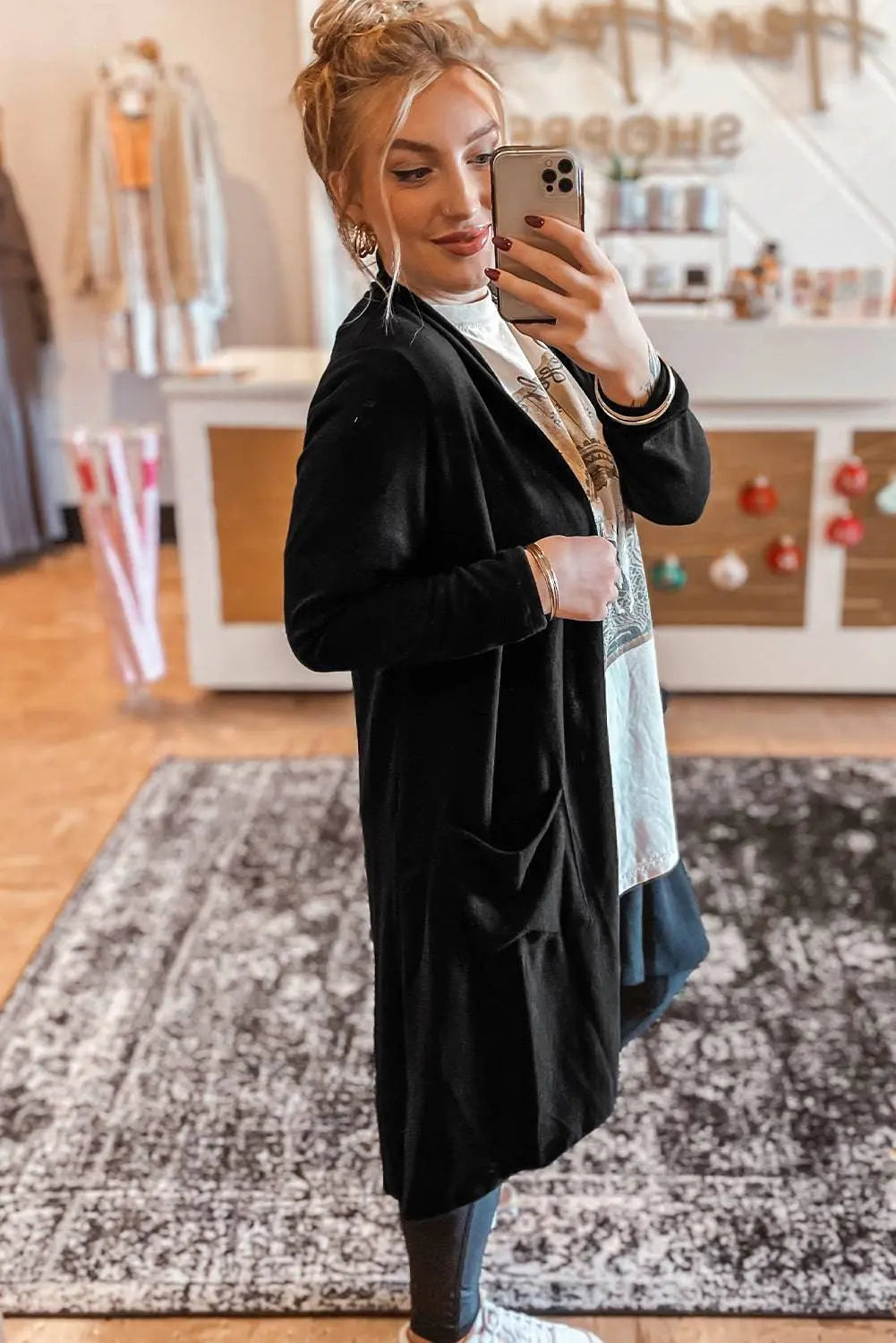 Black Solid Colour Open Front Cardigan with Pocket - BB Fashion Outlet