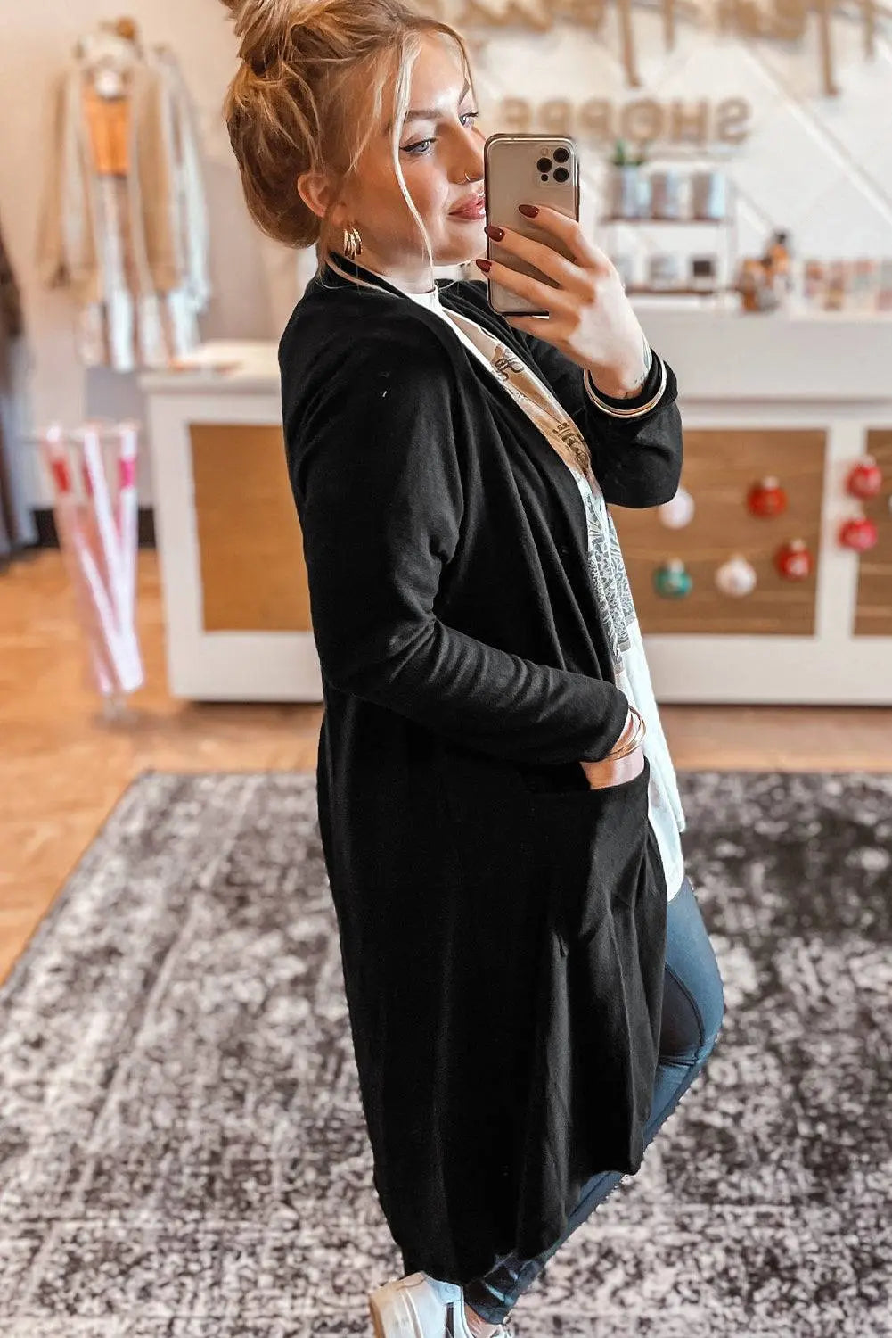 Black Solid Colour Open Front Cardigan with Pocket - BB Fashion Outlet
