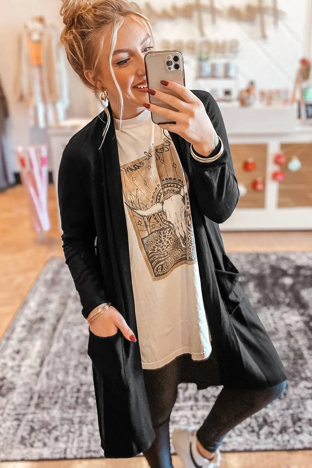 Black Solid Colour Open Front Cardigan with Pocket - BB Fashion Outlet