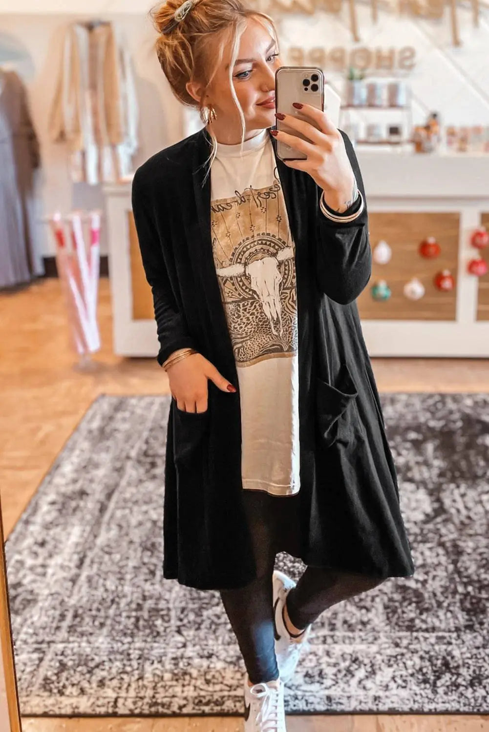 Black Solid Colour Open Front Cardigan with Pocket - BB Fashion Outlet