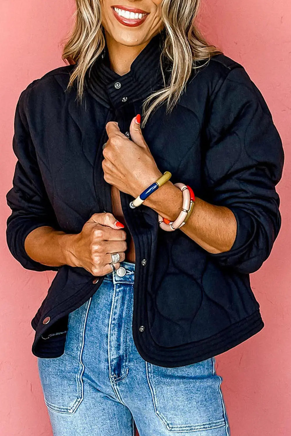 Black Solid Colour Quilted Snap Button Jacket - eAura