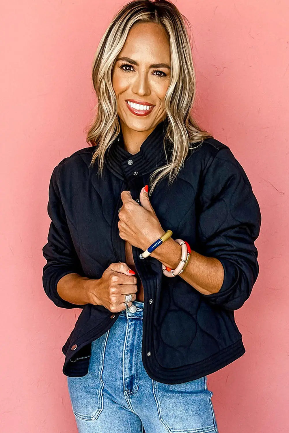 Black Solid Colour Quilted Snap Button Jacket - eAura