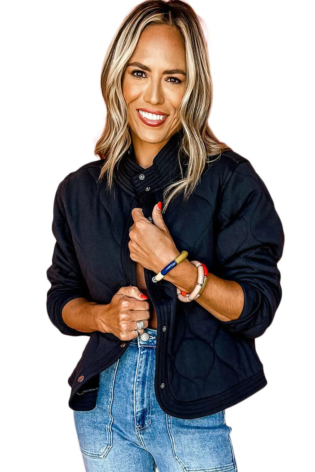 Black Solid Colour Quilted Snap Button Jacket - eAura