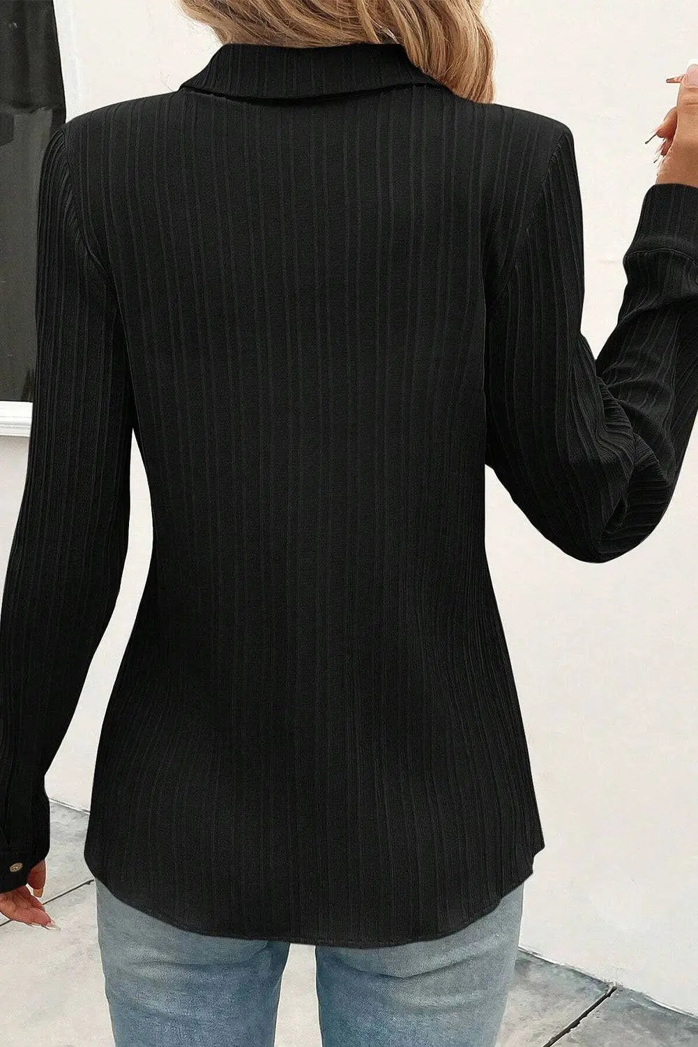 Black Solid Colour Textured Buttoned Turn Down Collar Shirt - BB Fashion Outlet