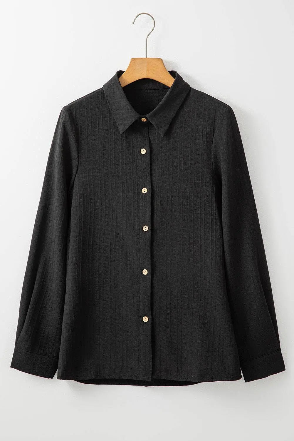 Black Solid Colour Textured Buttoned Turn Down Collar Shirt - BB Fashion Outlet