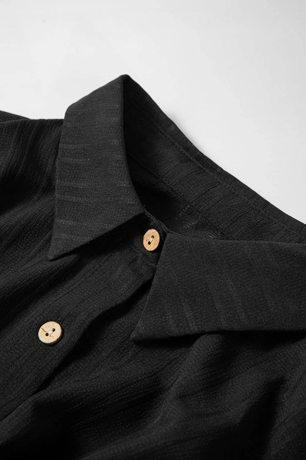 Black Solid Colour Textured Buttoned Turn Down Collar Shirt - BB Fashion Outlet