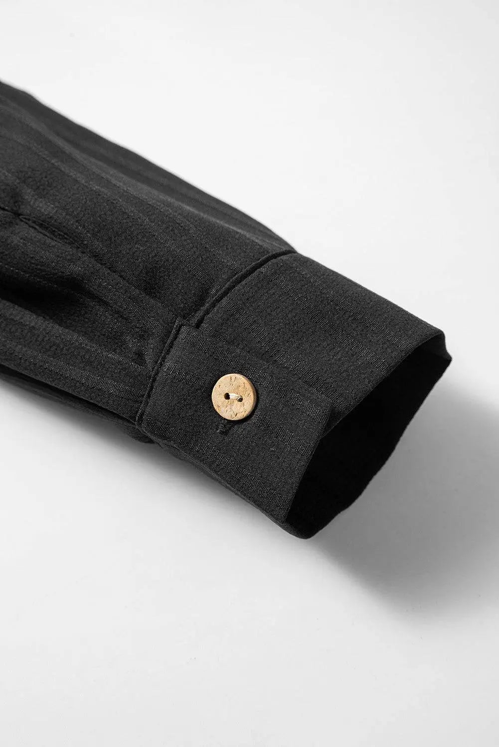 Black Solid Colour Textured Buttoned Turn Down Collar Shirt - BB Fashion Outlet