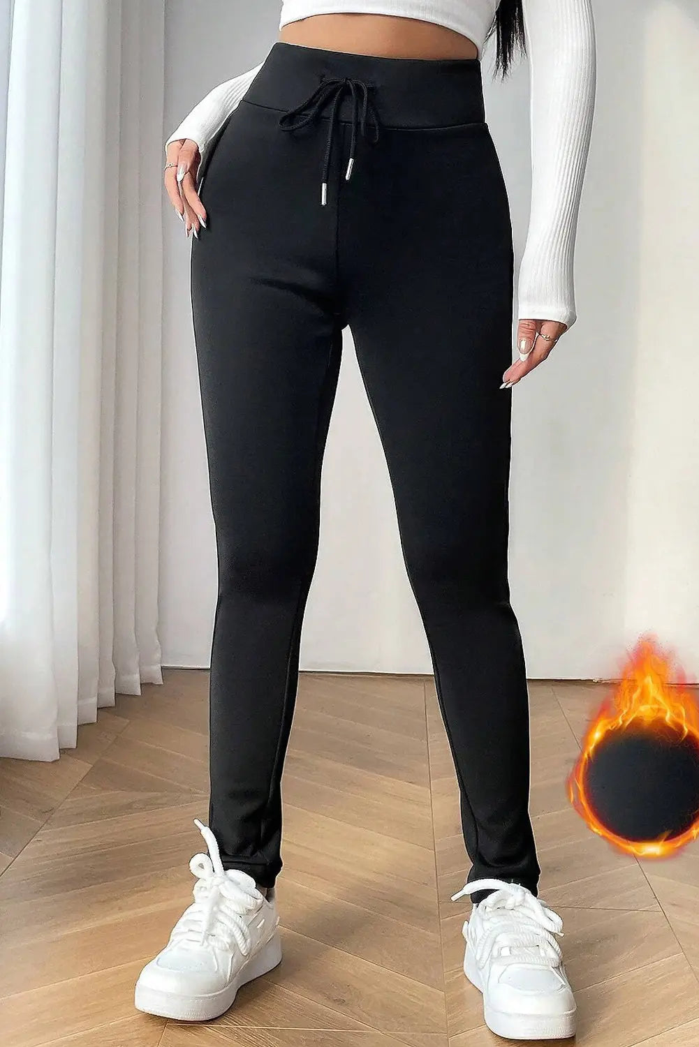 Black Solid Drawstring Waist Thermal Lined Leggings eAura