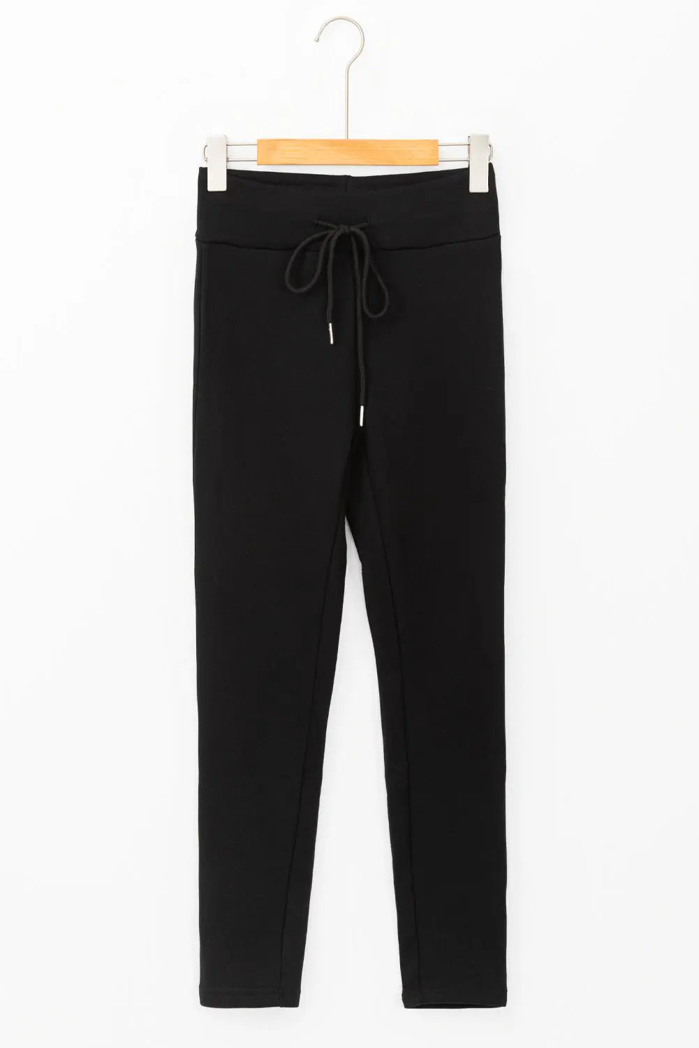 Black Solid Drawstring Waist Thermal Lined Leggings eAura