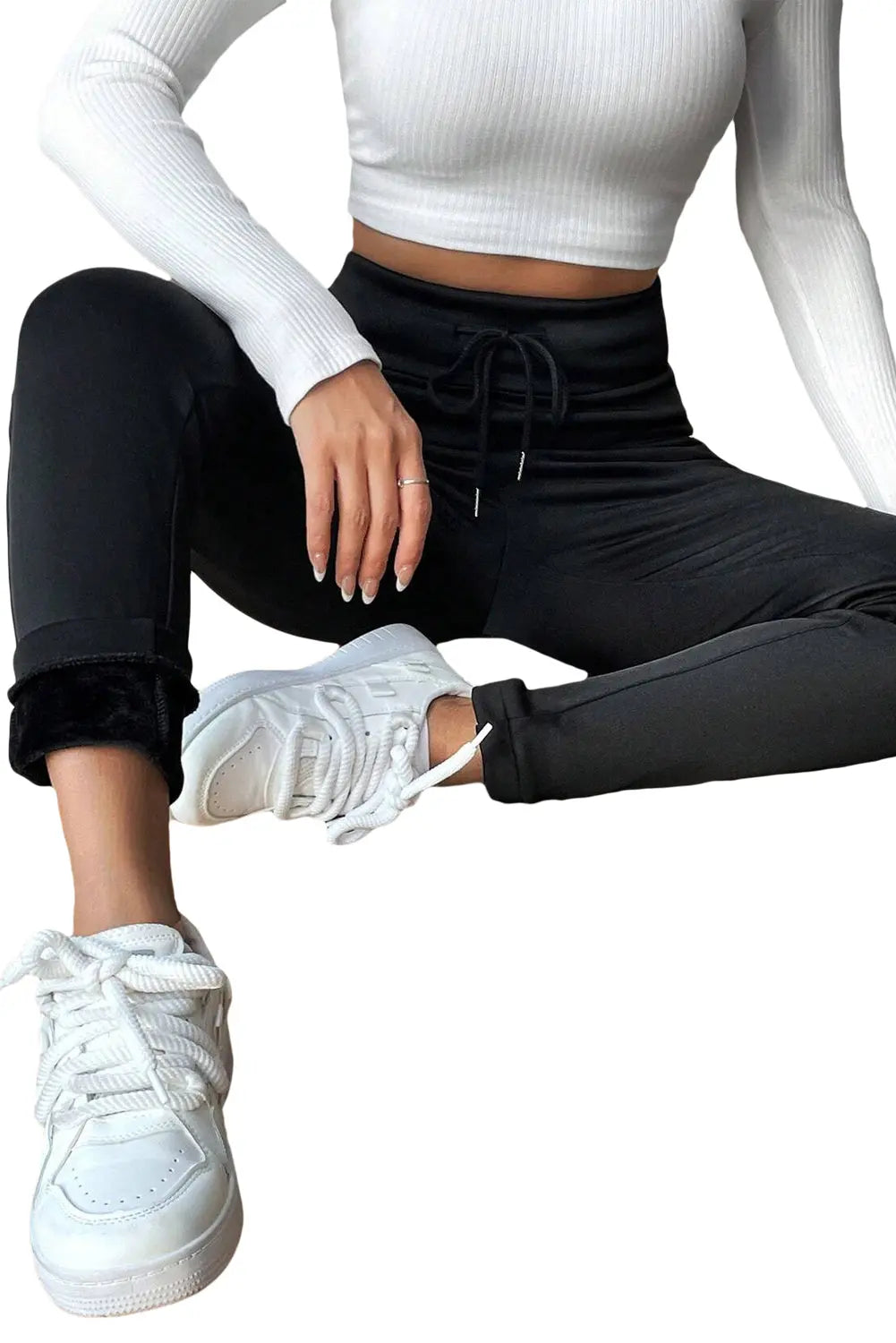 Black Solid Drawstring Waist Thermal Lined Leggings eAura