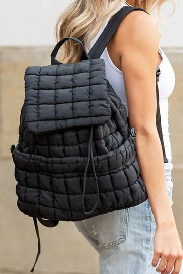 Black Solid Flapped Quilted Puffer Backpack - eAura